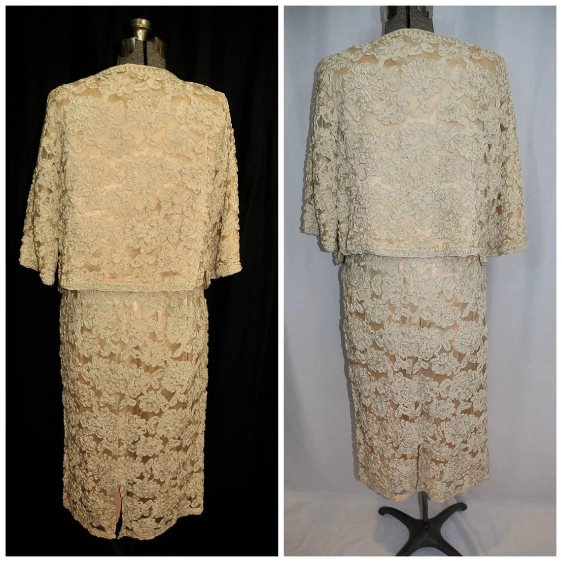 Vintage Ivory Gold Ribbon Lace Dress Jacket Wedding Mother of the Bride Dresse Formal Party