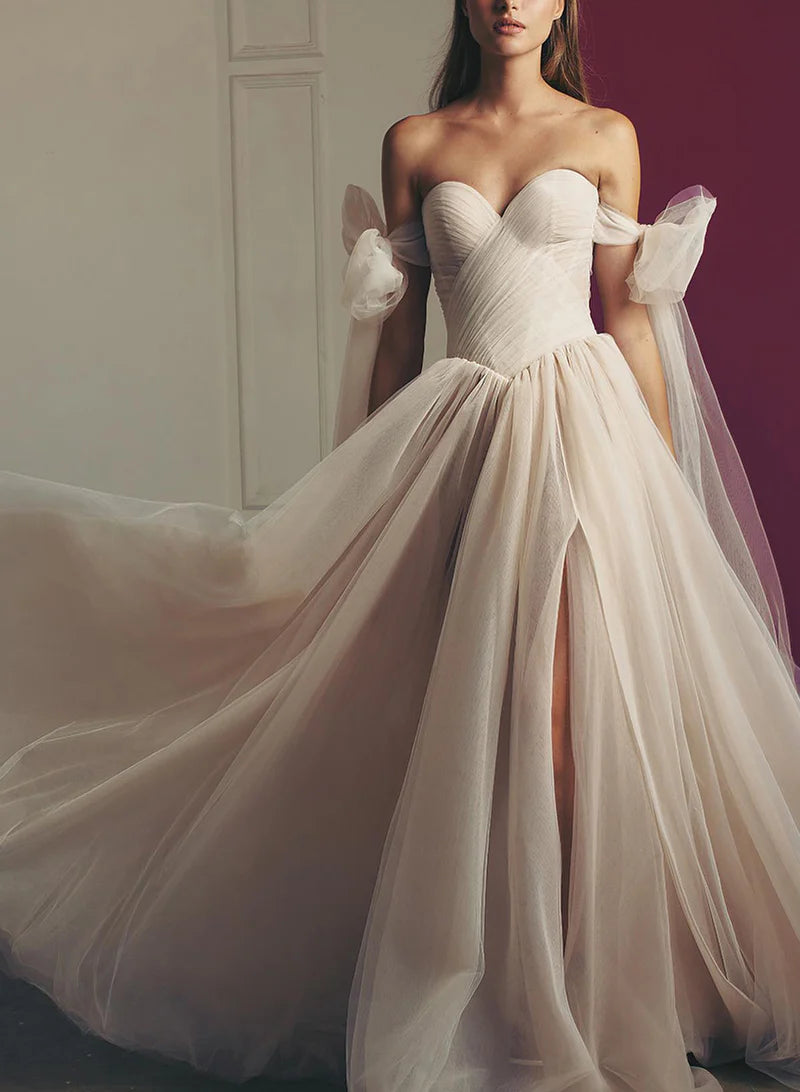 strapless open back dress Spaghetti straps v neckline satin pleated detail a line wedding dress train  with corset cover layer GLGL3716 main image 1