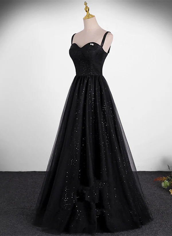 Sequins/Sparkling Black A-line Tulle Straps Simple Long Prom Dress Evening Dress