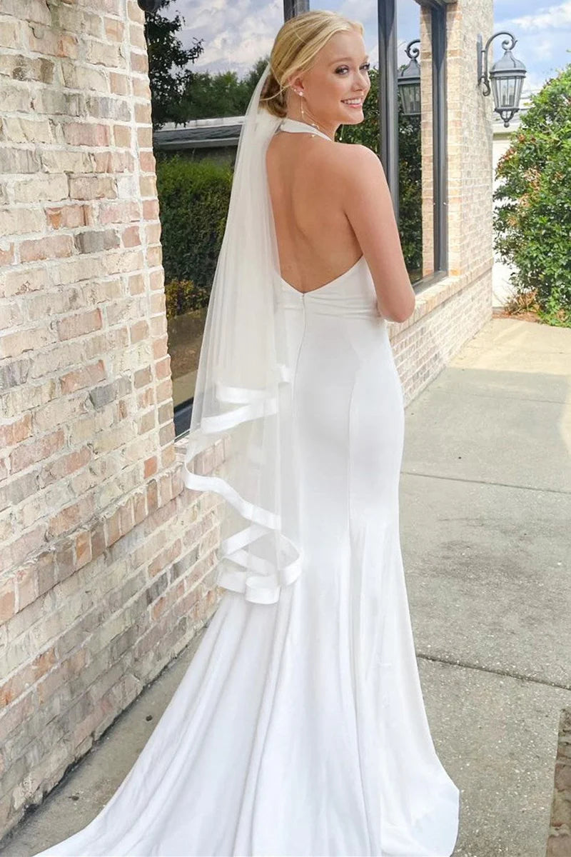 White Halter Mermaid Long Backless Wedding Dress with Slit
