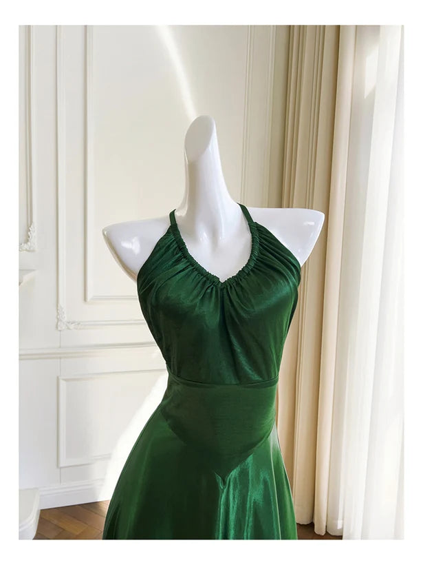 Green A-line Soft Satin Cross Back Evening Dress Prom Dress Party Dress