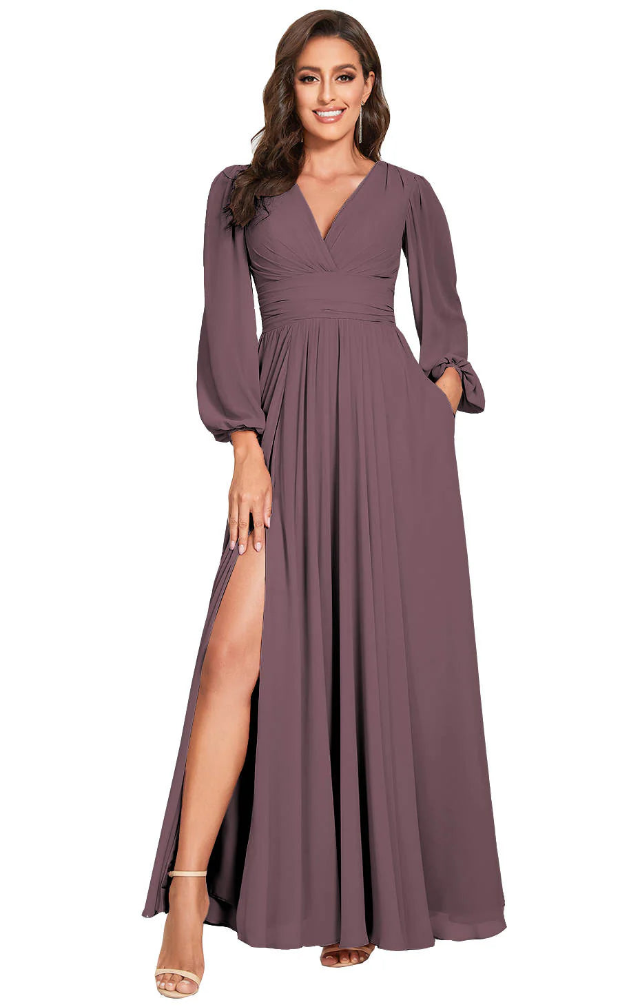 A-Line Plunging Neck Long Sleeves Chiffon Bridesmaid Dresses With Slit