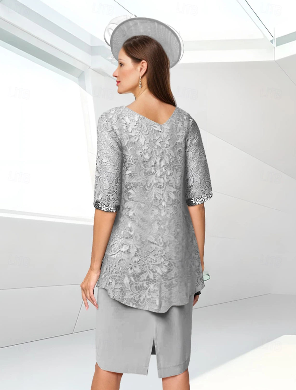 Sheath / Column Mother of the Bride Dress Jewel Neck Knee Length Lace Stretch Chiffon Half Sleeve with Lace Ruching