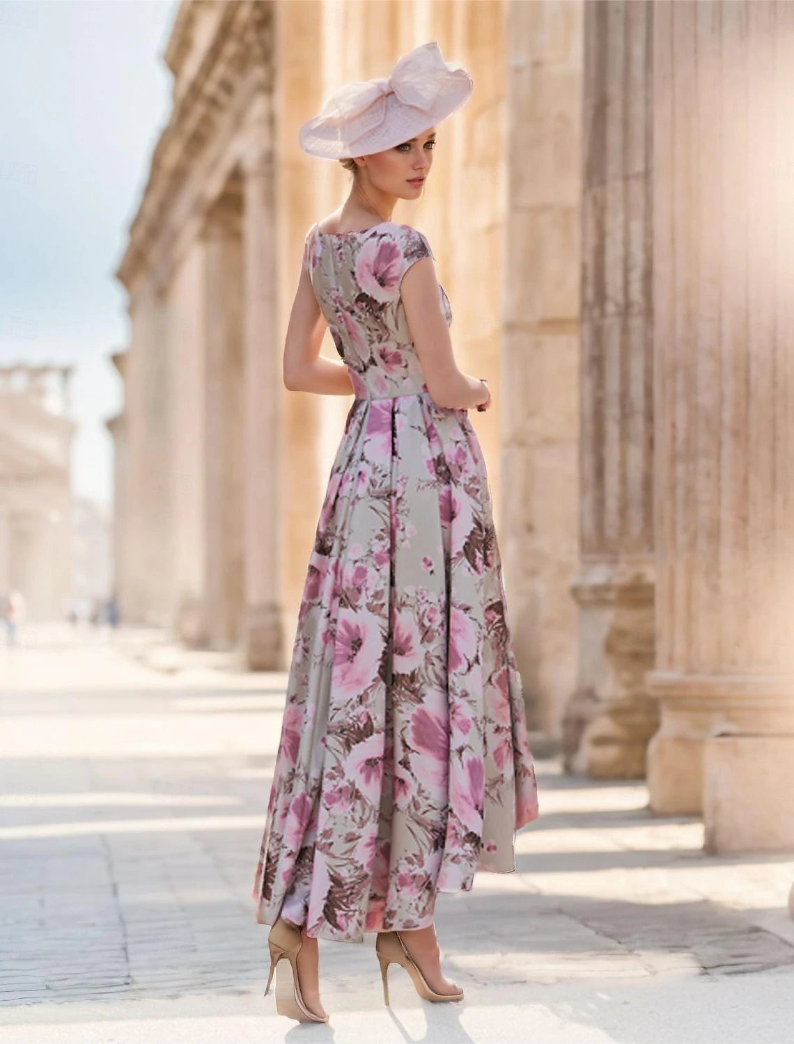 A-Line Wedding Guest Dress Floral Dress Vintage V Neck Ankle Length Satin Polyester Short Sleeve with Bow(s) Flower