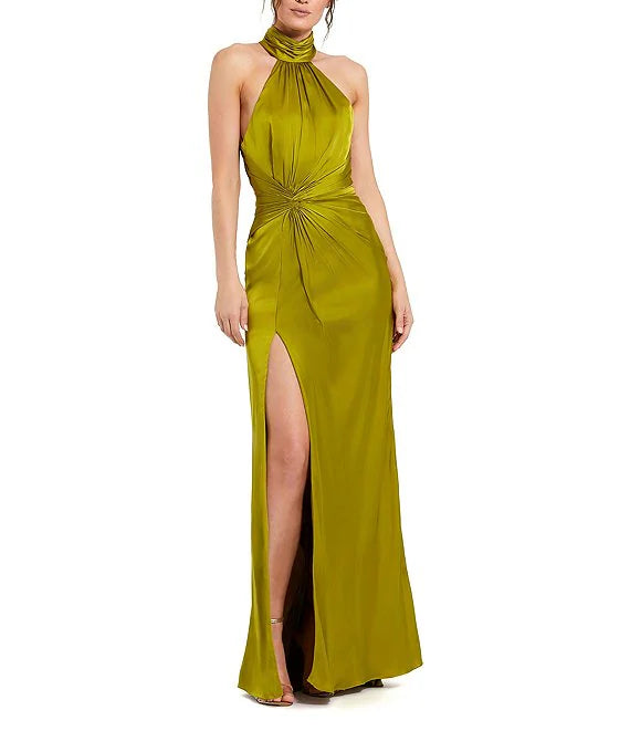 Satin Halter Mock Neck Sleeveless Side Ruched Gown Backless Evening Dr   Koutun Dress