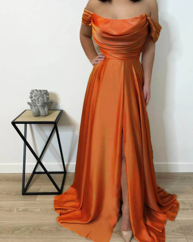 Long Cowl Neck Off Shoulder Satin Split Dress Floor-length Prom Dresses