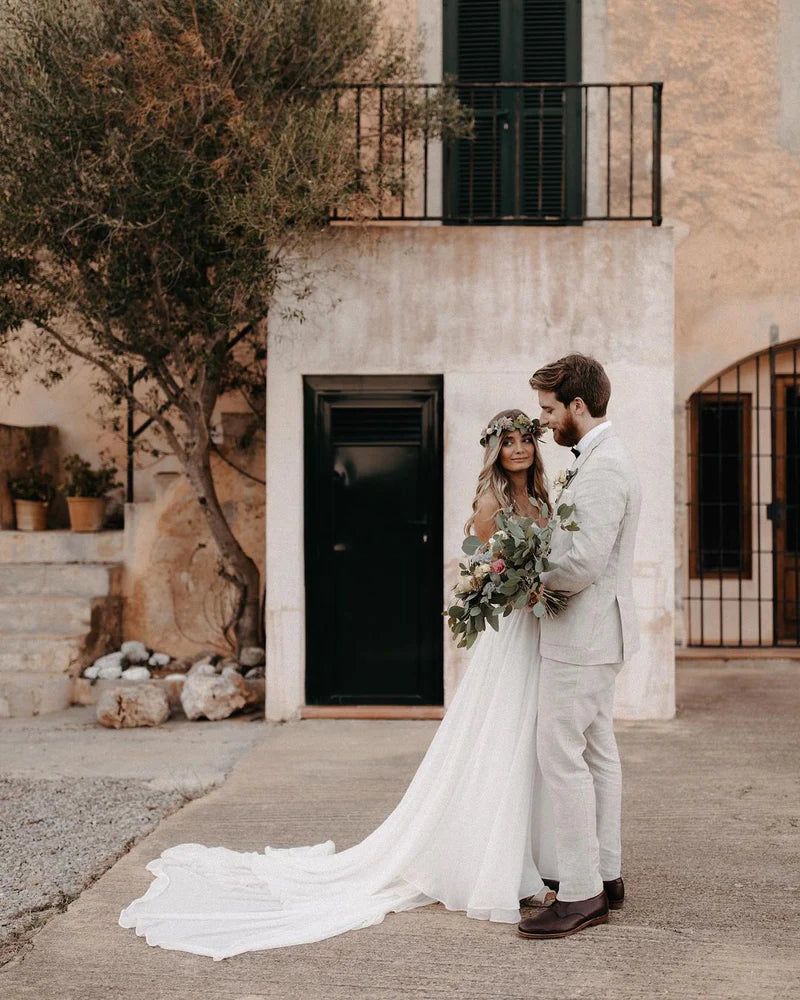 A-Line V-Neck Chiffon Long Wedding Dresses with Appliques