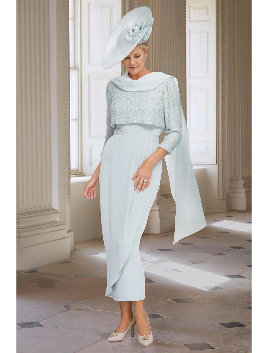 Two Piece Sheath / Column Mother of the Bride Dress Elegant Jewel Neck Tea Length Chiffon 3/4 Length Sleeve