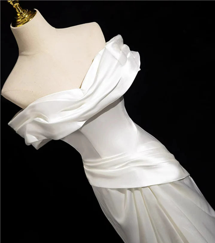 White Mermaid Satin Off Shoulder Ruched Long Party Dress Wedding Party Dress