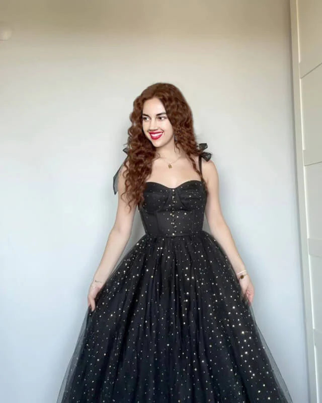 Glitter Spaghetti Strap Starlight A-Line Princess Floor-length Prom Dresses