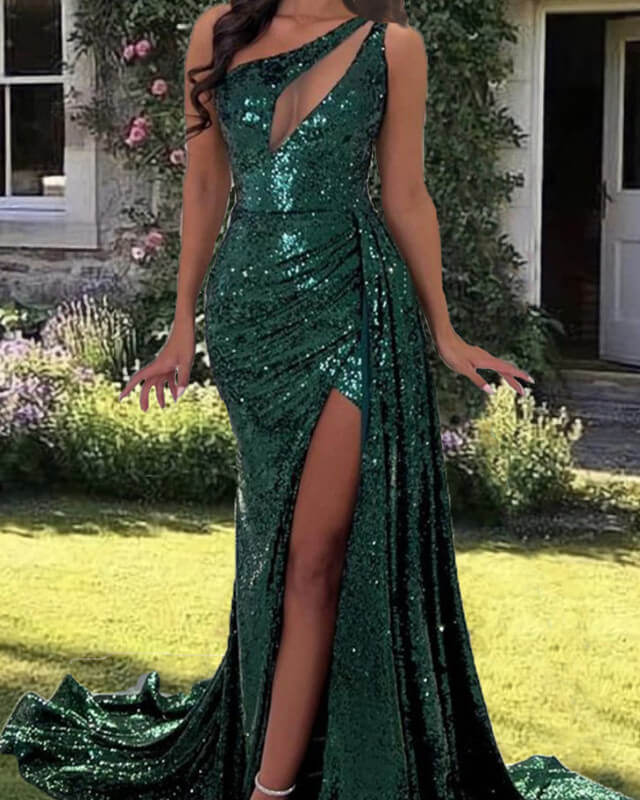 Mermaid Emerald Green Sequin One Shoulder Dress Cutout Prom Dresses with Sweep Train