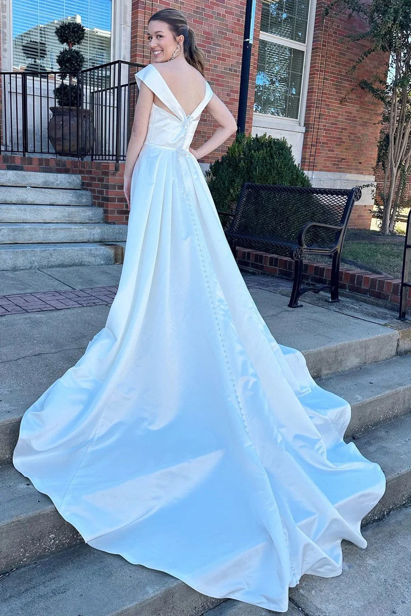 White V-Neck High-Waist A-Line Long Chapel Train Wedding Dress