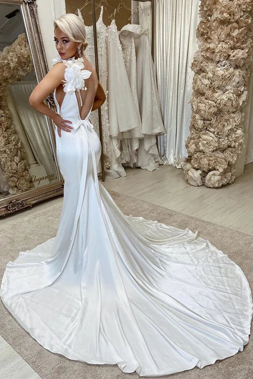 White Satin Backless Mermaid Chapel Train Wedding Dress with Flowers