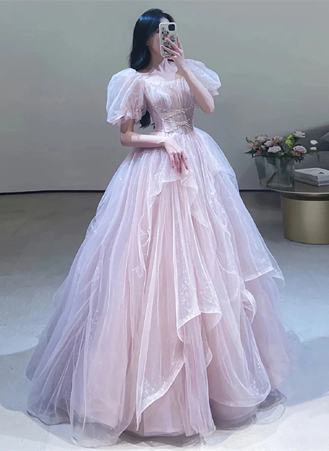 A-Line Princess Pink Off Shoulder Tulle Beaded Sweetheart Bubble Sleeved Ballgown Evening Dress Prom Dress