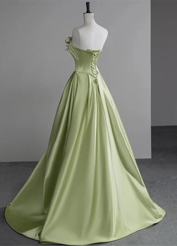 Green A-line Ballgown Satin with Flowers Long Evening Dress Satin Prom Dress