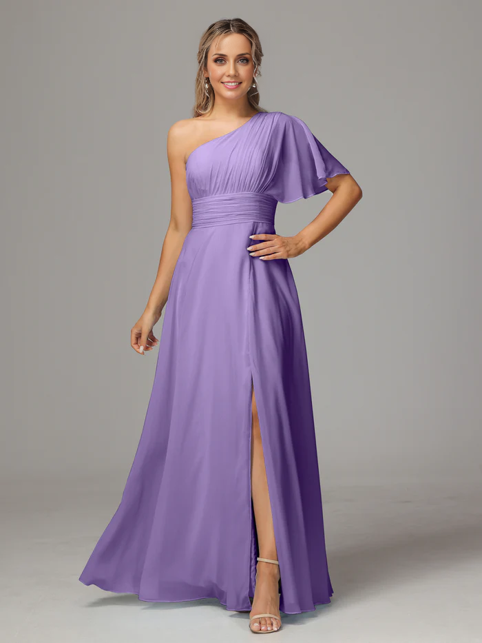 One Shoulder Chiffon Floor-length Bridesmaid Dresses With Slit