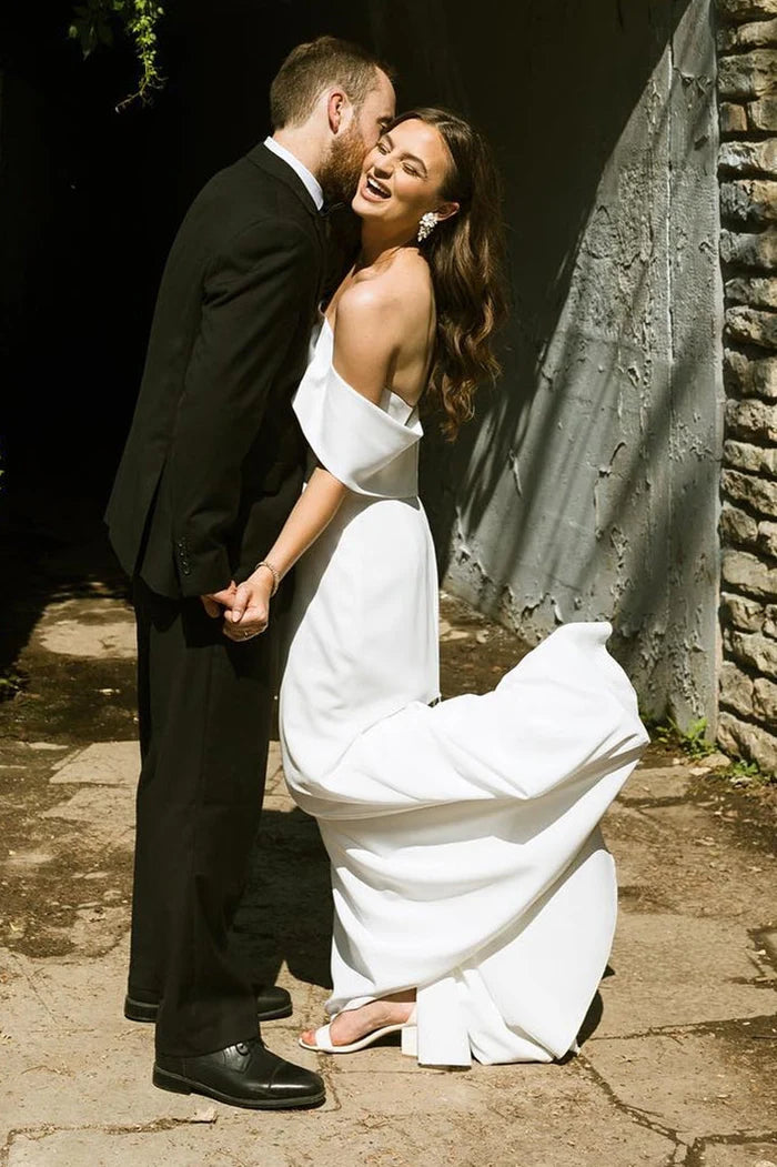 Mermaid White Off-the-Shoulder Chiffon Long Wedding Dress