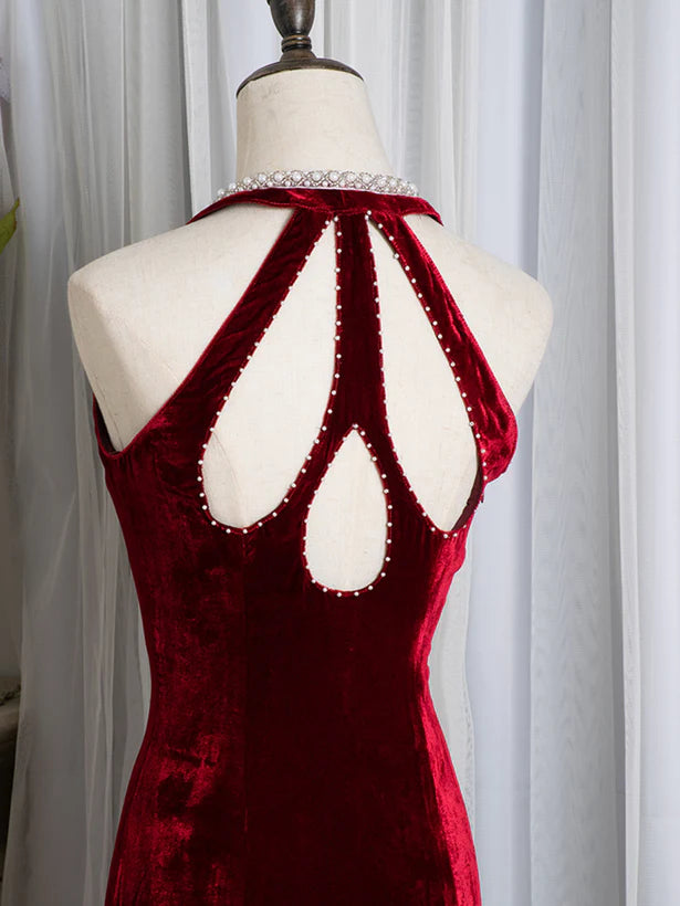 Wine Red Velvet Deep V-Neck Mermaid Beaded Long Party Dress Prom Dress