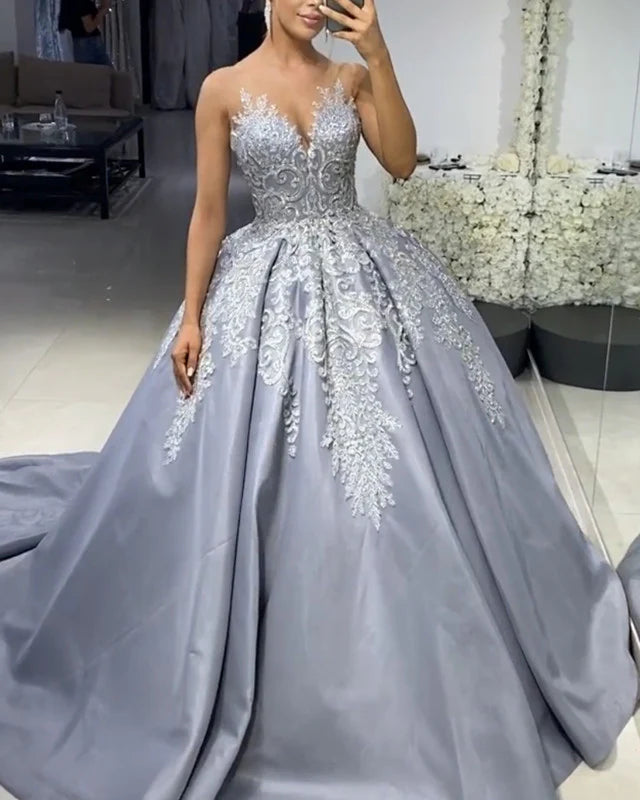 silver a line wedding dress 18 Silver Wedding Dresses for Your Mirrorball Moment