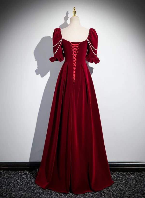 Wine Red Velvet Pearl Short Sleeves Long Prom Dress A-line Evening Dress