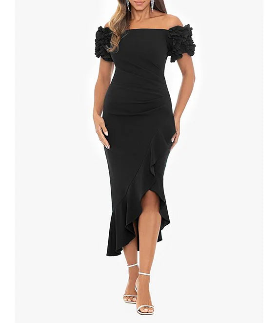 3D Ruffle Off-the-Shoulder Ruffle Front Ruched Detail Midi Dress Cocktail  Dresses
