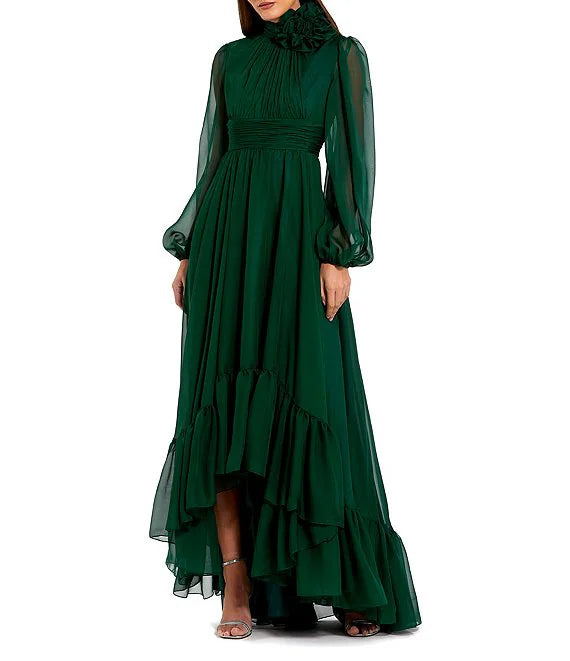 Chiffon 3D Flower Turtle Neck Illusion Long Balloon Sleeve Ruffle Hem – Koutun Dress
