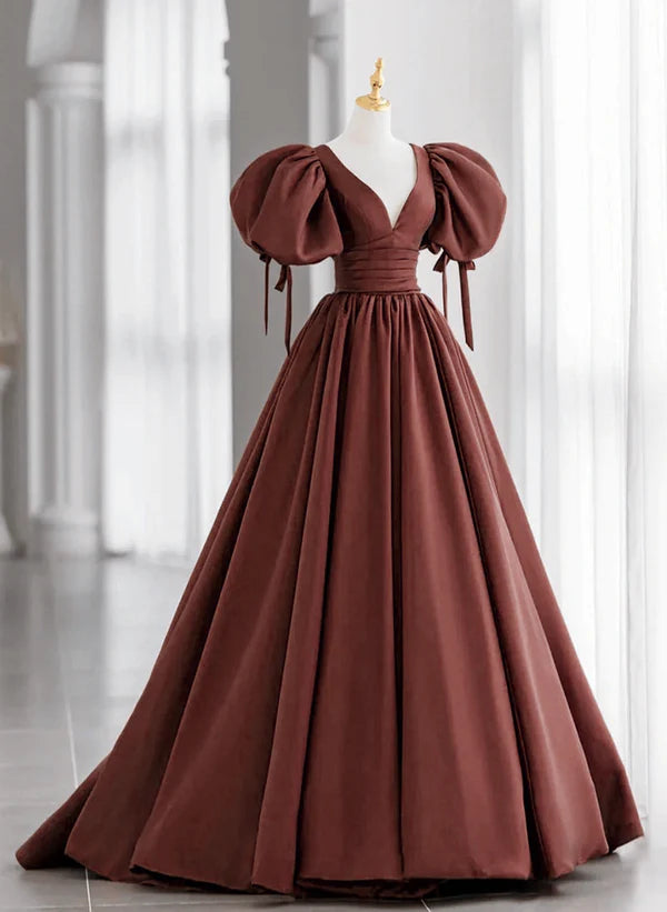 A-Line Brown Satin Ball Gown Short Sleeves Long Party Dress V-neckline Koutun Dress A-Line Brown Satin Ball Gown Short Sleeves Long Party Dress V-neckline Koutun Dress