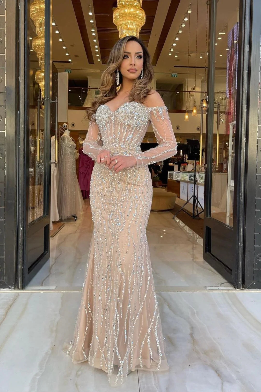 Ovlias Heavy Champagne Mermaid Tulle Prom Dress Long Sleeve Sweetheart –  Koutun Dress