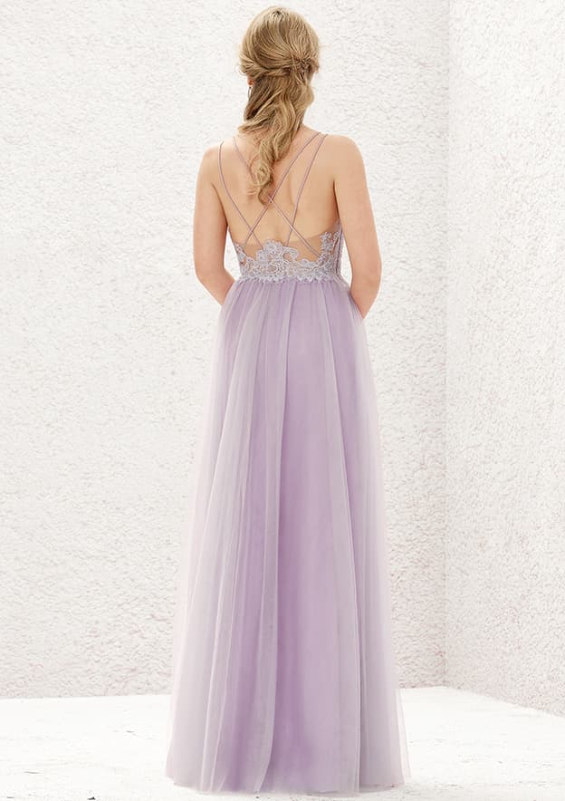 A-line V Neck Sleeveless Floor-Length Tulle Lace Bridesmaid Dress With Pleated