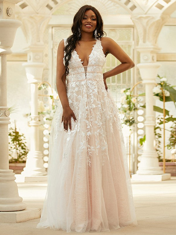 A-Line/Princess Tulle Applique V-neck Sleeveless Floor-Length Dresses A-Line/Princess Tulle Applique V-neck Sleeveless Floor-Length Dresses