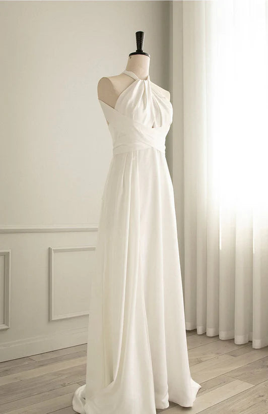 Simple White Halterneck Satin Long Party Dress Prom Dress Floor-length Evening Dress