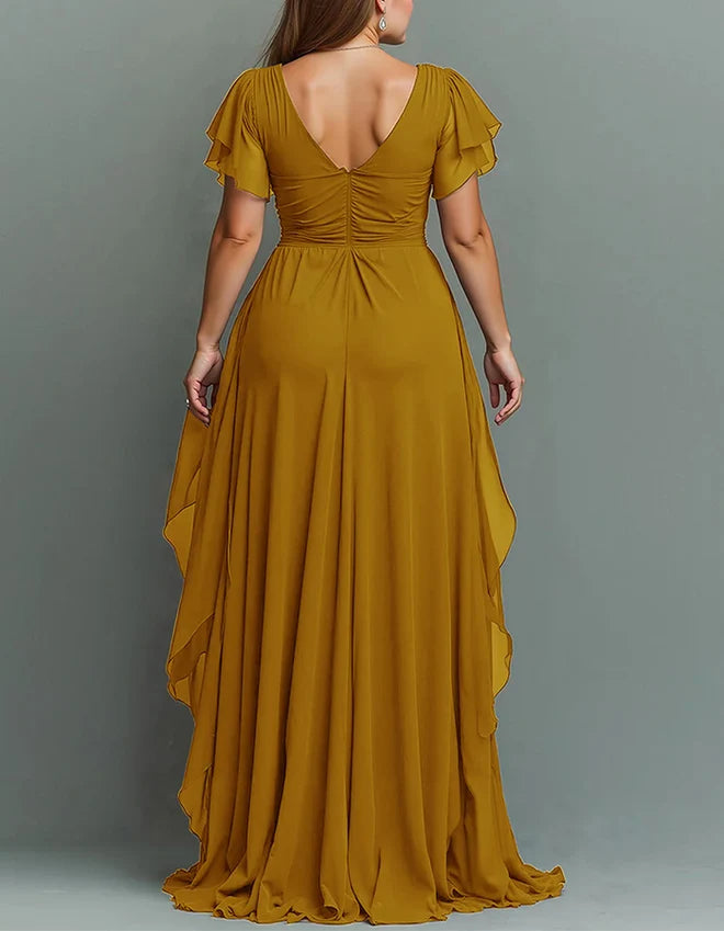 Romantic A-Line V-Neck Ruffled-Sleeve Beaded-Waist Sweep-Train Floor-Length Mother of the Bride Dress