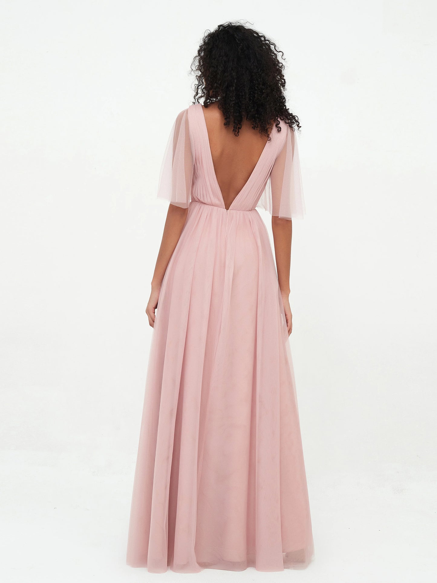 A-line V-neck Tulle Max Dresses with Deep-V Back-Dusty Rose Bridesmaid Dresses