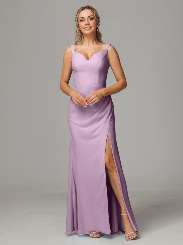 Sheath V Neck Sleeveless Chiffon Floor-length Bridesmaid Dress With Slit
