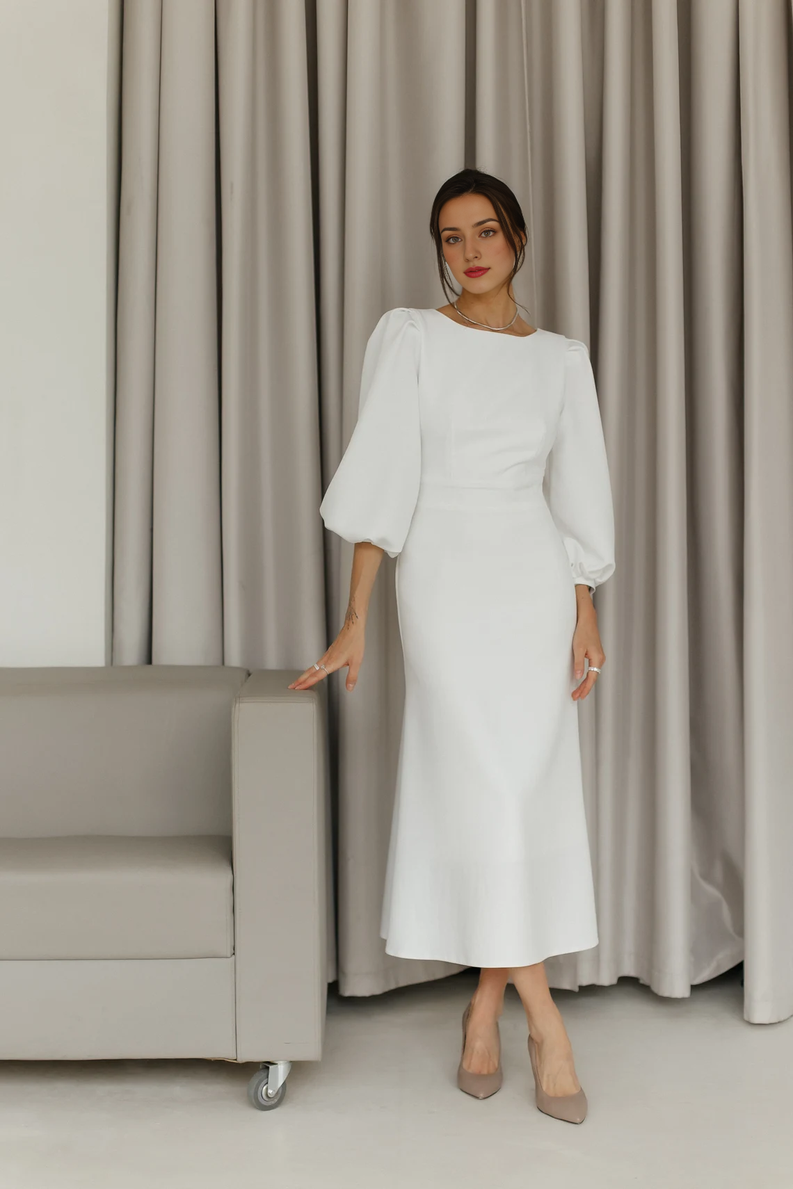White Puff Short Sleeves Backless White Midi Dress Wedding Guest Dress –  Koutun Dress