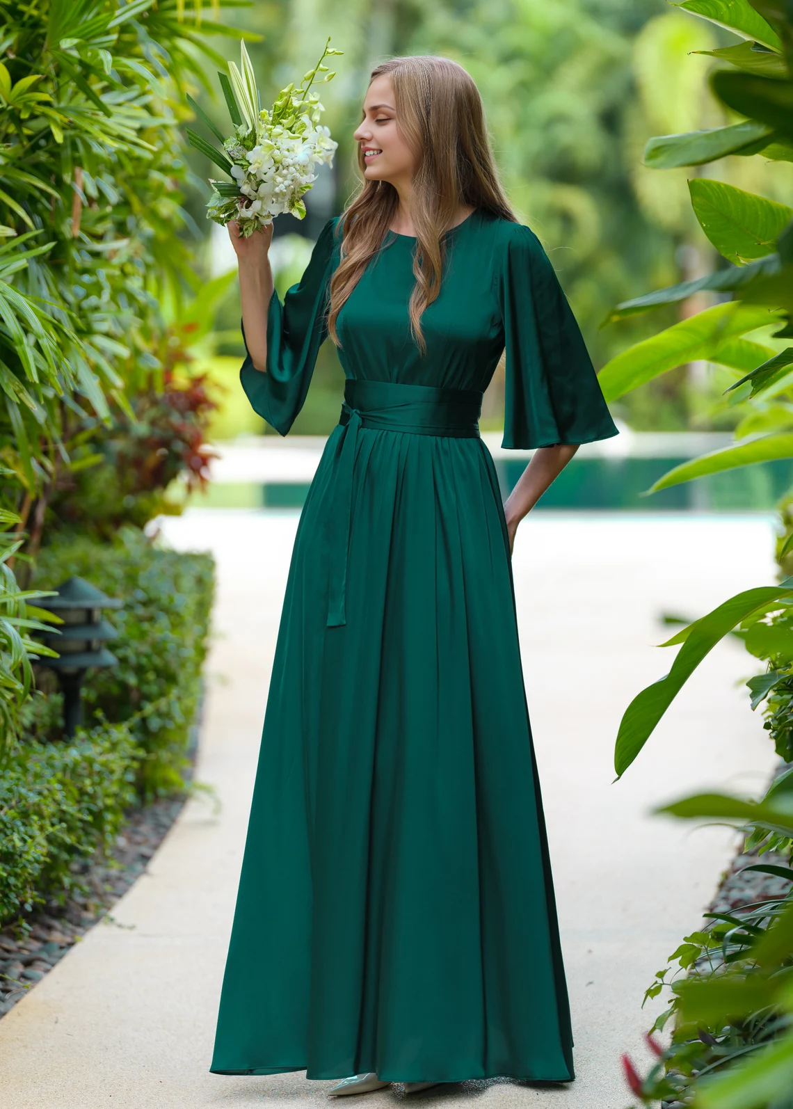 A-Line Dark Green Dress With Belt Long Bridesmaid Dress Wedding Guest Koutun Dress A-Line Dark Green Dress With Belt Long Bridesmaid Dress Wedding Guest Koutun Dress