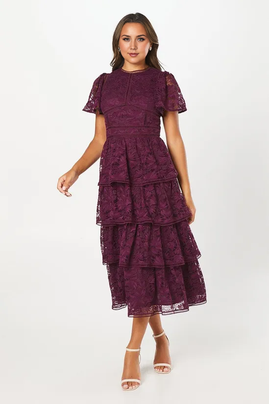 plum a line dress Plum A-Line Tiered Lace Dress With Flutter Sleeve & Trims Wedding Gues –  Koutun Dress