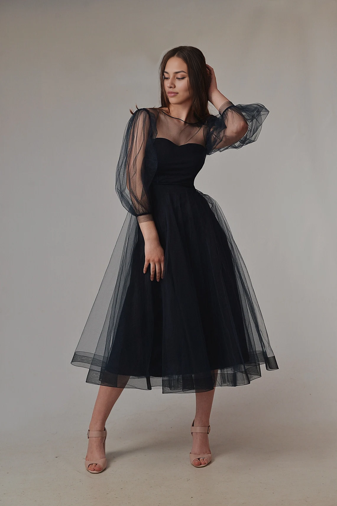 Dark Blue Midi Puffy Sleeves Engagement Evening Tulle Wedding Guest Pa –  Koutun Dress