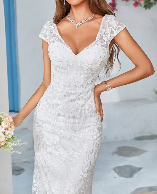 Ivory Mermaid Lace V-Neck Wedding Dress Backless Elegant Long Dress
