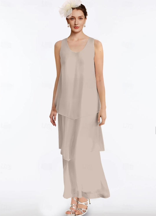 Sheath / Column Mother of the Bride Dress Wedding Guest Simple V Neck Ankle Length Chiffon Sleeveless with Tier