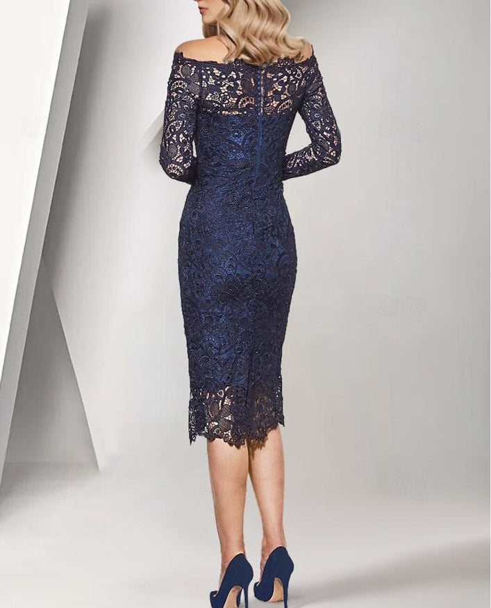 Sheath / Column Mother of the Bride Dress Formal Wedding Guest Square Neck Off Shoulder Tea Length with Lace Flower
