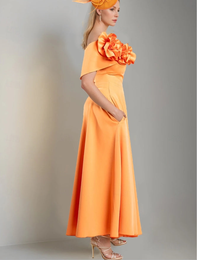 A-Line Mother of the Bride Dress Simple Off Shoulder Tea Length Stretch Satin Short Sleeve with Pleats Flower
