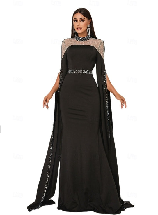 Black Mermaid / Trumpet Evening Gown Formal Floor Length Long Sleeve Illusion Neck Stretch Crepe with Glitter