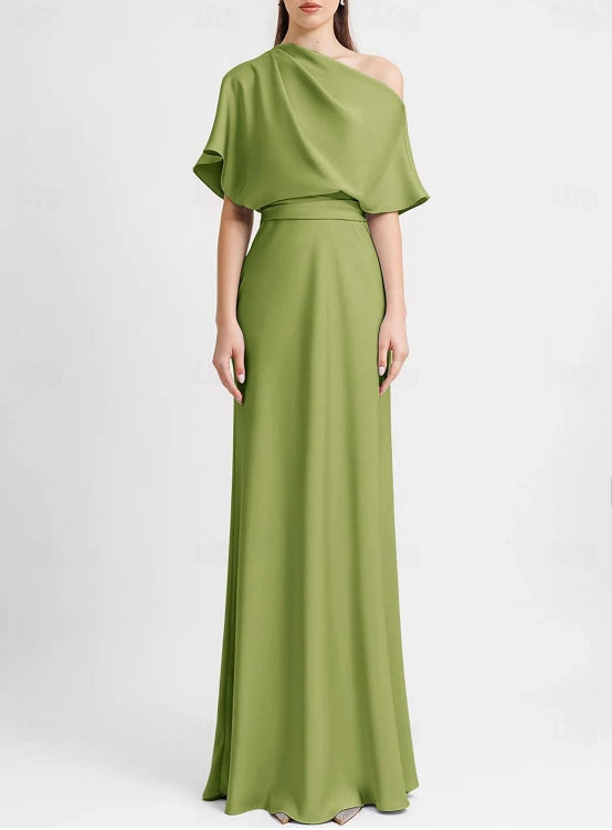 A-Line Evening Gown Wedding Guest Floor Length Sleeveless One Shoulder Satin with Pleats Butterfly