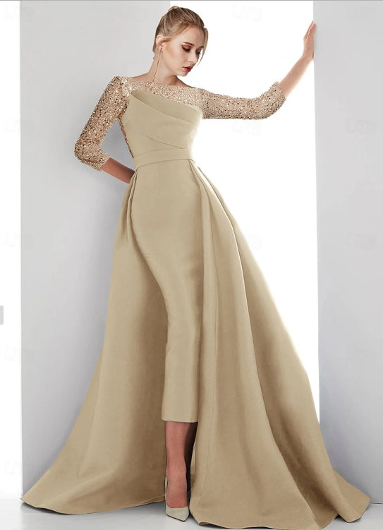 Sheath / Column Evening Gown Sweep / Brush Train Long Sleeve Illusion Neck Champagne Mother Of the Bride Dress Satin with Pearls
