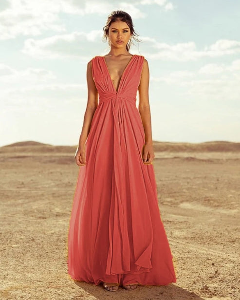 A-Line Long Plunging Neckline Chiffon Bridesmaid Dresses