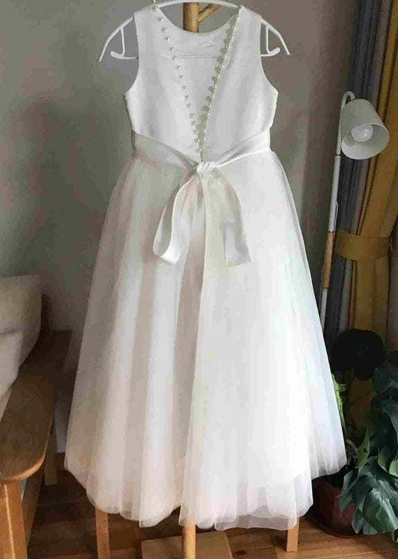 White Sleeveless Open Back Pearls Girl Party Dress