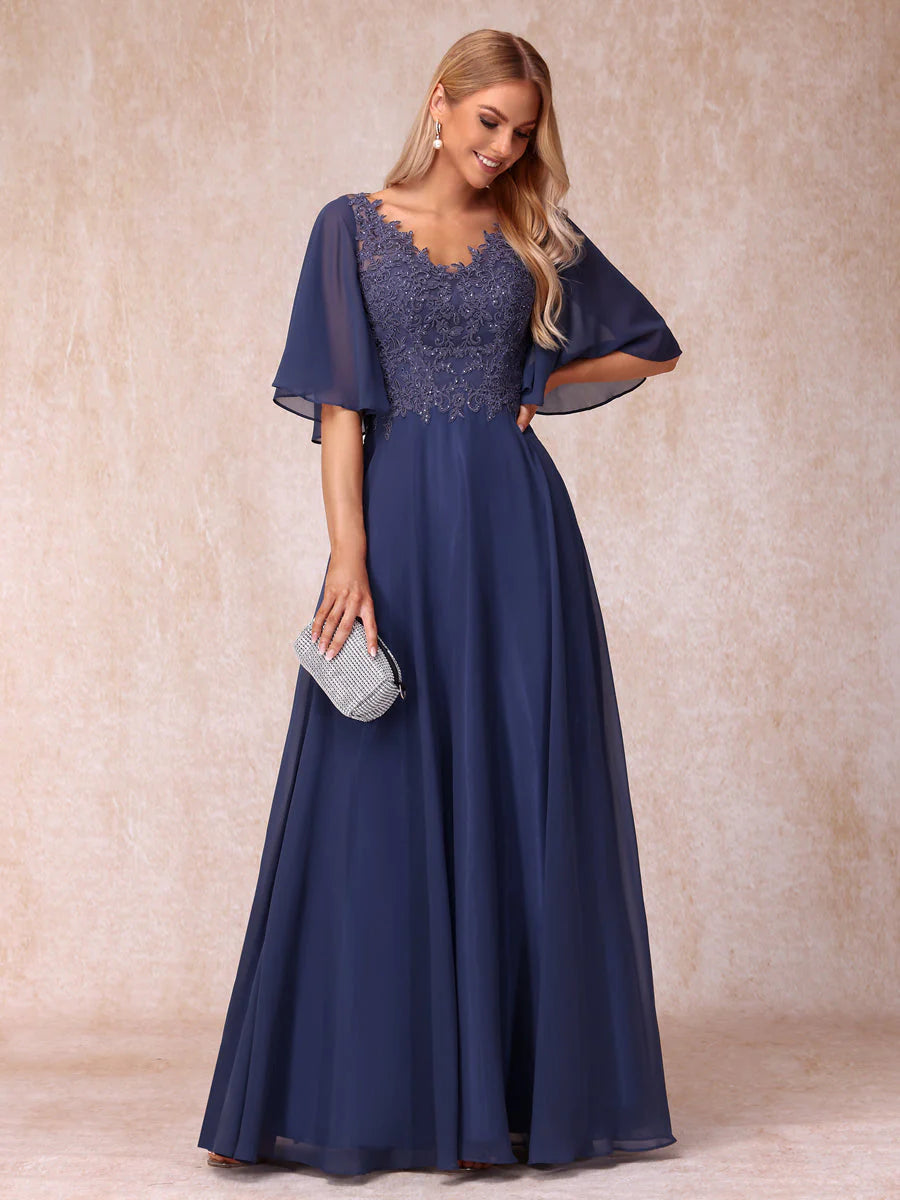 A-Line/Princess V-Neck Half Sleeves Long Formal Evening Dresses With B Koutun Dress A-Line/Princess V-Neck Half Sleeves Long Formal Evening Dresses With B Koutun Dress