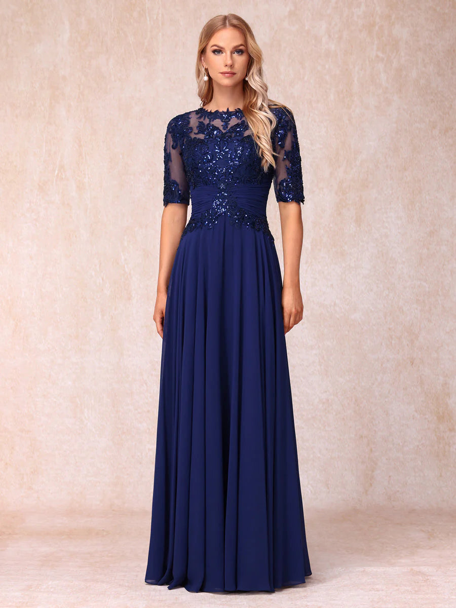 A-Line/Princess Sheer Neck Half Sleeves Long Formal Evening Dresses Wi –  Koutun Dress