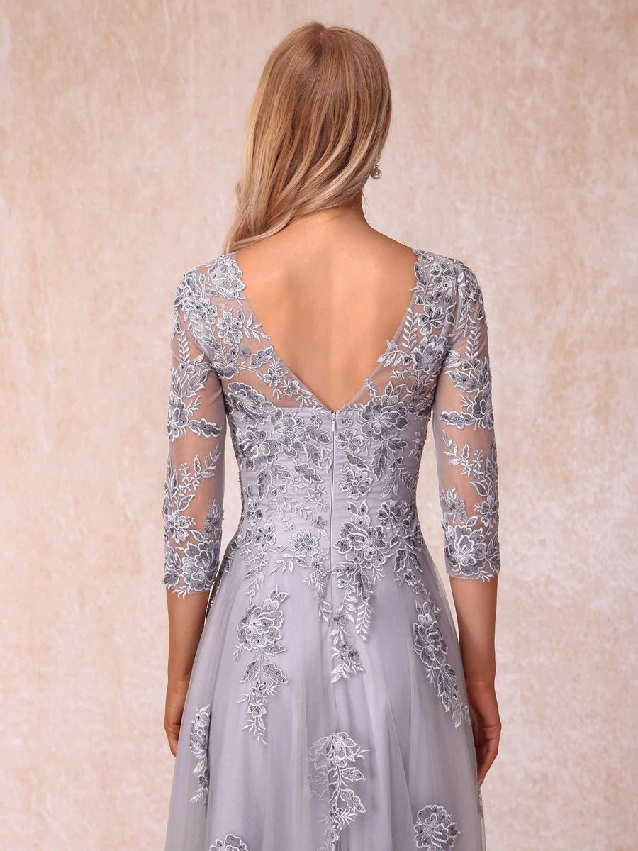 A-Line/Princess Sheer Neck Half Sleeves Long Formal Evening Dresses With Beading